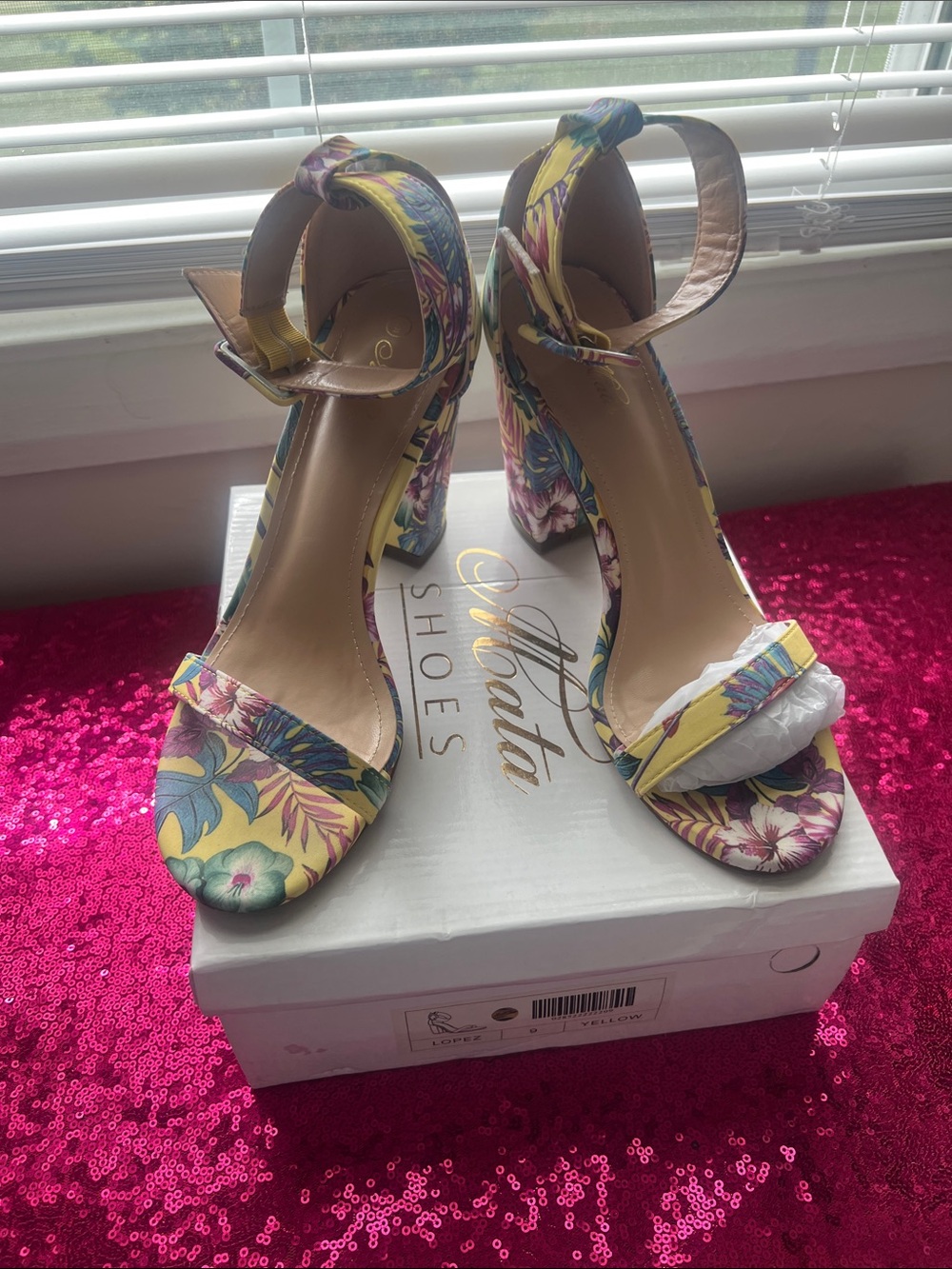 Mata Shoes Yellow Floral Ankle-Strap Block Heel Sandals